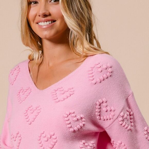 BiBi Pompom V Neck Knit Top Pale Pink Heart Pattern Sweater Sz XL [10-12] - Picture 8 of 15
